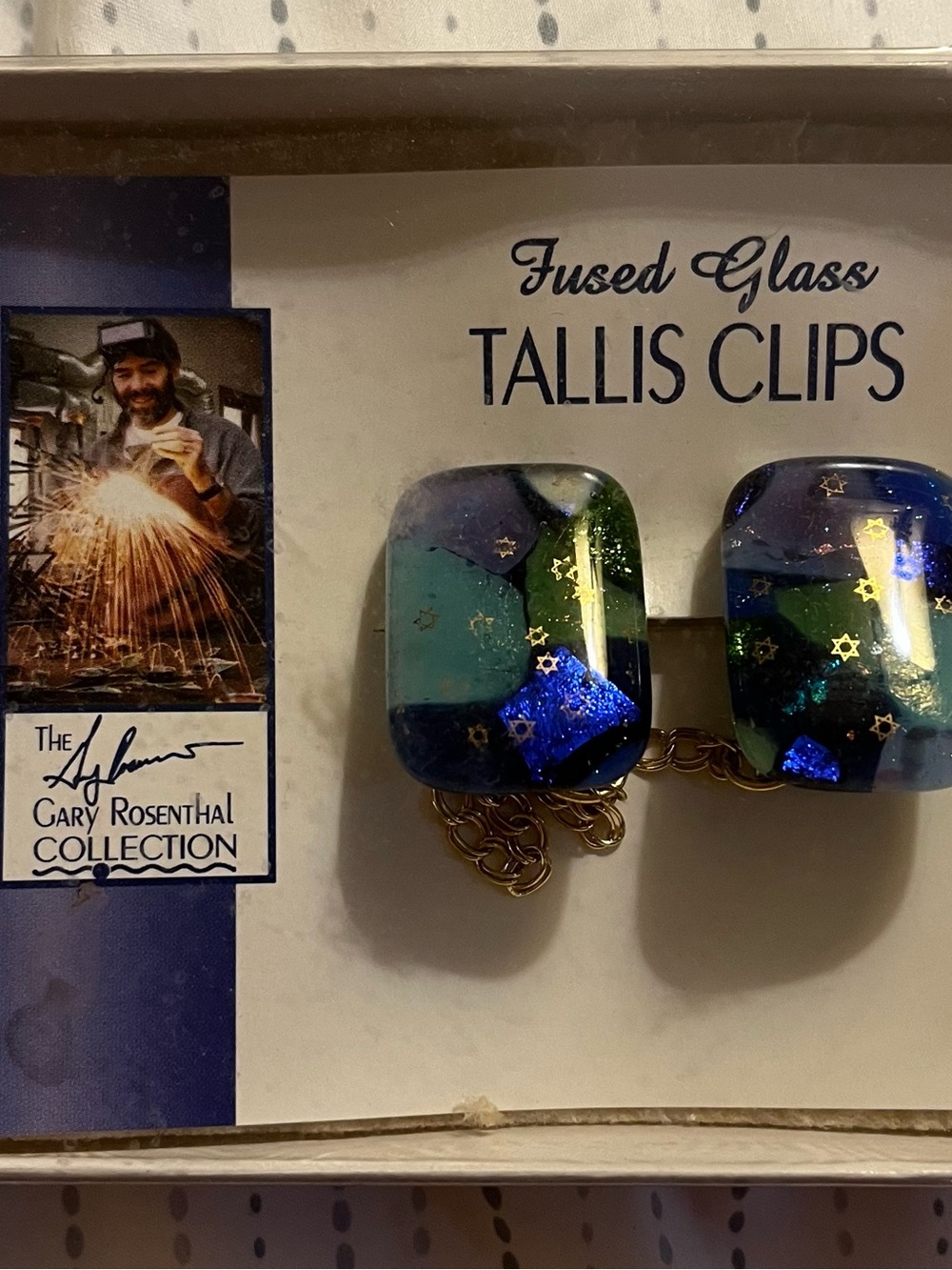 Fused Glass Tallis Clips in Blue and Green